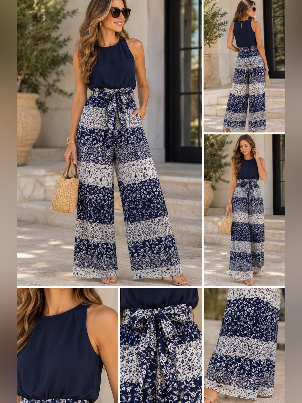 Vince Camuto Sleeveless Chiffon Navy Floral Pantsuit